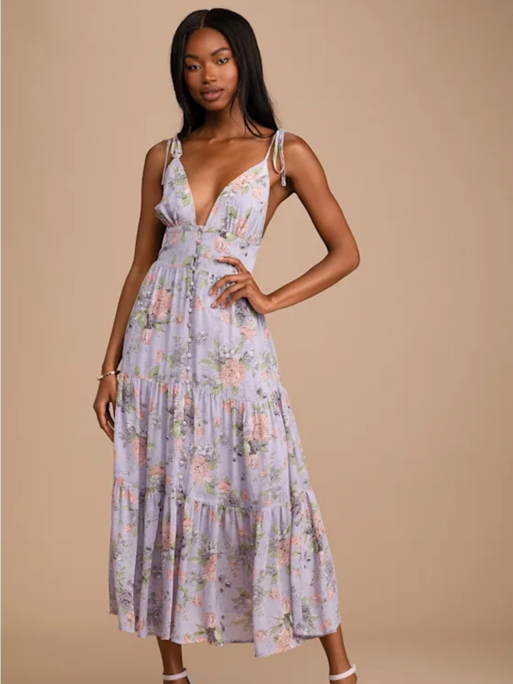 New Lulus Everlasting Sight Lavender Floral Tie-Shoulder Midi Dress Sz XS - Picture 2 of 9
